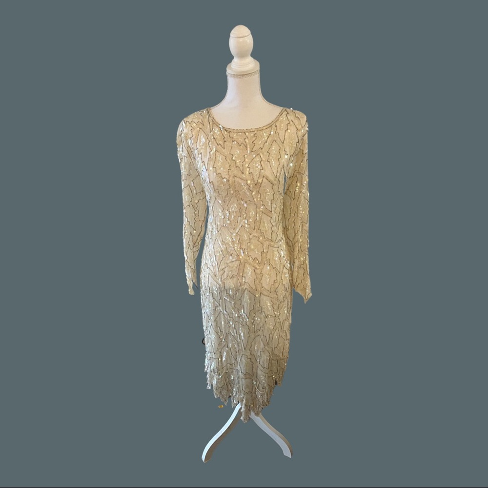 Vintage silk sequin/beaded dress off white/cream.